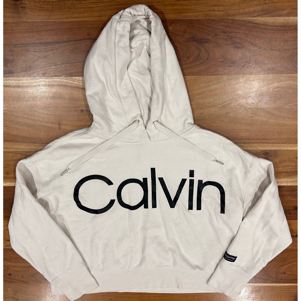 Calvin Klein Performance Womens Cropped Hoodie Cream White Logo Sweatshirt M